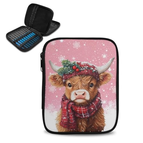 KUIFORTI Highland Cow Häkeltaschen, Organizer, Häkelsets für Anfänger und Erwachsene, Nähnadel-Aufbewahrung, Weihnachten, Häkelnadeletui, leere Stricknadeltasche, Organizer von KUIFORTI