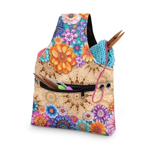 KUIFORTI Hippie Lotus Häkeltasche mit Löchern, Garnaufbewahrung, Organizer, Tragetasche mit Vordertasche, Strickhandtasche, große Garntasche für Häkelnadeln, Stricknadeln von KUIFORTI