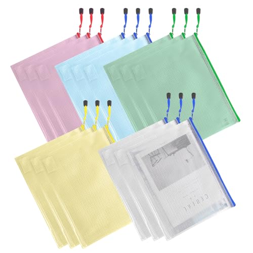 Dokumententasche A4, 15 Stück Dokumententasche mit Reißverschluss A4 Wasserdichte Document Case Mesh Plastic Zip Bag für Datei Papier Quittungen Kosmetika 5 Farben von KUIZHEN