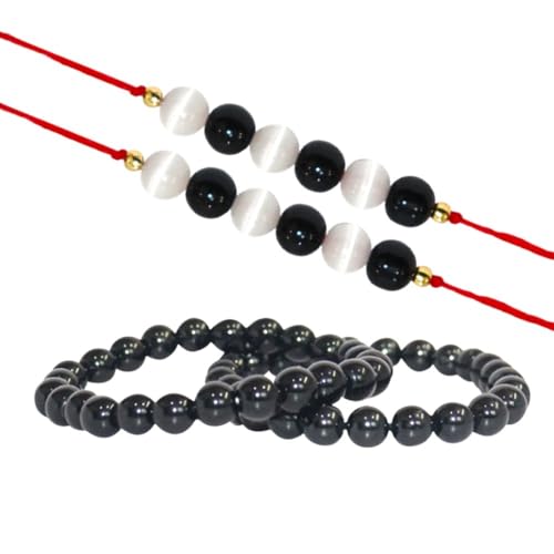 KULIA® Designer-Rakhi für Bruder Damen Armband runde Perlen Heilkristallsteinfaden rundes Armband 1 Stück Reiki-Kristallsteine Rakhi-Armband Rakhi-Set Pooja-Thali-Dekoration von KULIA