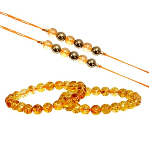 KULIA® Indisches Rakhi für Bruder Reiki-Kristall Heiledelstein Reiki-Citrinsteine Kristall-Rakhi-Set indisches Armband Rakhi-Set Puja Thali Geschenke mehrere runde Perlen Hindu-Armband Raksha Bandhan von KULIA