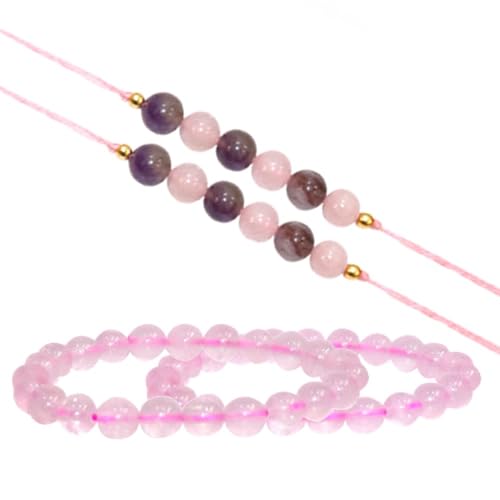 KULIA® Rakhi aus Naturstein indischer religiöser Gegenstand Pooja Thali-Dekor handgeschnitzte Armbänder Rakhi-Set mit 2 Stück Edelsteinen Reiki-Kristall mehrere Perlen 1 Stück Hindu-Armband runde von KULIA