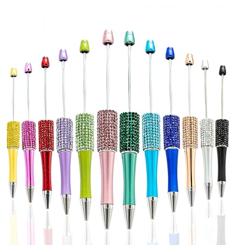 KUNHEHO 12 x Diamant-Perlenstifte, mehrfarbig, einziehbar, Kunststoff, schwarze Tinte, Perlenstifte, Kugelschreiber, Bastelset, kreative DIY-Stifte von KUNHEHO