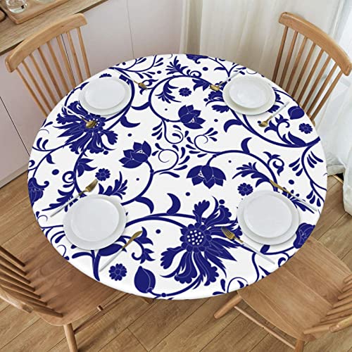 KUOAICY Runde Tischdecke mit Porzellan-Druck, waschbar, wiederverwendbar, elastischer Rand, Tischdecken für Küche, Esszimmer, Party, 114,3–127 cm, Blau und Weiß von KUOAICY