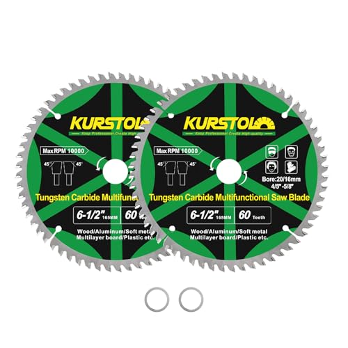 KURSTOL Kreissägeblatt für Holz – 2 Stück 165mm TCT Holz Trennscheibe, 32T Hartmetall-Trennscheibe mit Bohrung 20mm-16mm für Holz, Laminate, Aluminium, Kupfer, Nichteisenmetalle, Kunststoff von KURSTOL