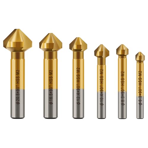 KURSTOL Senkbohrer Set - M2 HSS Titan beschichtet Senkbohrer für Edelstahl Eisen Aluminium Kupfer, 6 Stück 6,3mm-20,5mm Senkfasenbohrer Rundschaft von KURSTOL