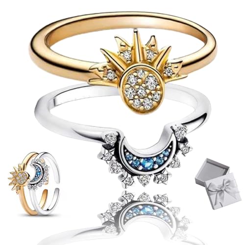 KURTIK 925 Sterling Silver Sun & Moon Ring, to My Best Friend, Sun and Moon Ring Set for Women, Friendship Promise Matching Ring, Sun and Moon Matching Rings, Sparkling Sun and Moon Ring (2Pcs) von KURTIK