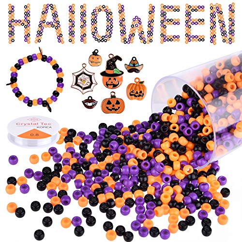 KUUQA 1050 Stück Halloween Pony Perlen mit 7 Stück Charms Anhänger Dekorationen 1 Rolle Elastic String Acryl DIY Craft Perlen mit Aufbewahrungsbox Halloween Perlen für Kinder von KUUQA