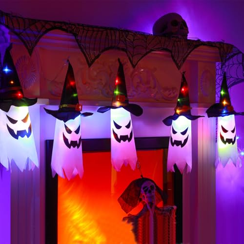 KUWUNG Halloween Deko Outdoor, 5 Stück Halloween Hängende Geister Lichterkette mit Leuchtend Hexenhut, 3M Halloween Lichterkette Fliegende Geisterhüte mit 50 LED Lichtern von KUWUNG