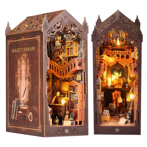 KUWUNG DIY Book Nook Kit mit Staubschutz, Miniatur Puppenhaus Buchecke mit LED-Licht und Möbeln, 3D Holzpuzzle Kunst Bücherregal Einsatz Dekor, Kreative Buchecken Gebäude Modellbausatz (Magic Library) von KUWUNG