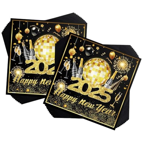 Servietten Silvester,Silvester Tischdeko,20 Stück Schwarz Gold Silvester Deko Servietten Tischdeko,33x33cm 2025 Happy New Year Servietten Silvester,Tischdeko Silvester Tisch Servietten (1) von KVGBNT