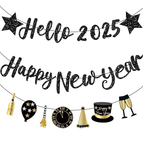 Silvester Banner,Silvester Deko,2025 Schwarzes Gold Banner Silvester Party Happy New Year Silvester Accessoires,Party Deko Silvester Silvester Schmuck für 2025 Neujahr Partyzubehör von KVGBNT