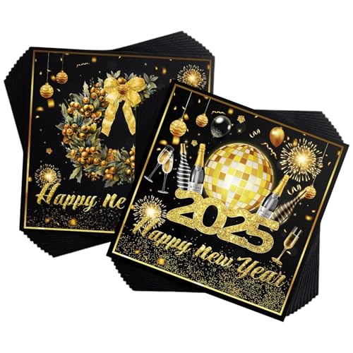 Silvester Servietten,Silvester Deko 2025,20 Stück Silvester Deko Schwarz Gold Servietten Silvester Tischdeko,2025 Happy New Year Servietten Silvester,33x33cm Silvester Deko Tisch Servietten von KVGBNT