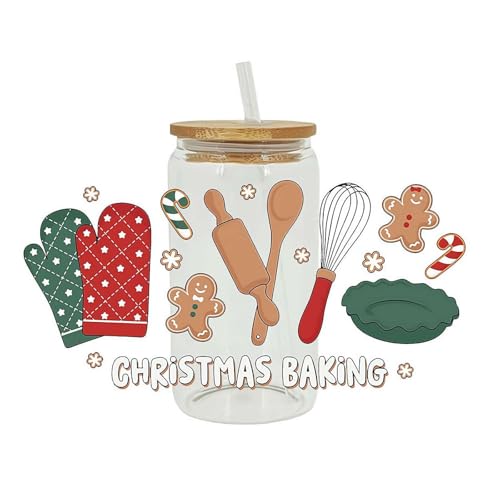 KWJNH Christmas Baking UV DTF Cup Wrap Transfer Sticker for 473.6 g Glass Cups, UV DTF Waterproof Decals, Cute Snowman Gingerbread Rub on Transfer Stickers for DIY Home Party Supplies Gifts von KWJNH