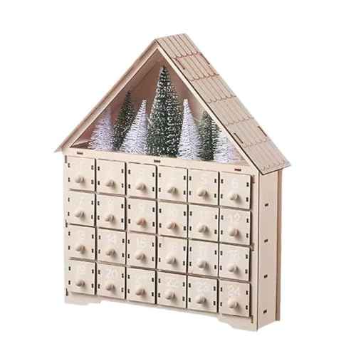 Weihnachts-Adventskalender aus Holz, befüllbarer Adventskalender mit 24 Schubladen, Hauskalender mit geformtem Baumhaus-Countdown von KWJNH