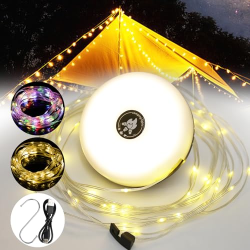 KWODE Camping Lichterkette Aufrollbar，10M 3-in-1Tragbare Outdoor LED Lichterkette，USB Wiederaufladbare Ausziehbare Campinglampe mit 8 Beleuchtungsmodi, für Camping, Hof und Wandern von KWODE