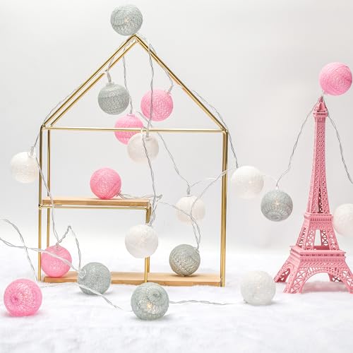 Lichterkette Cotton Ball, KWODE LED Cotton Bälle Light USB& Batteriebetrieben, Kugel Kette für Innen Mädchen Teenager Baby Zimmer Deko Home Weihnachten Hochzeit Party Ø4cm Kleine Bälle pink-gray-white von KWODE