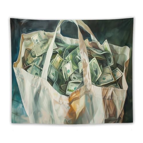 KWQDOZF Gobelin-Tragetasche aus Canvas mit Geldmotiv, gefüllt mit 100-Dollar-Scheinen, Polyester, modern, ästhetisch, Wandbehang, Heim, Schlafzimmer, Wohnzimmer, Wohnheim, Dekostoff, 127 x 152 cm von KWQDOZF