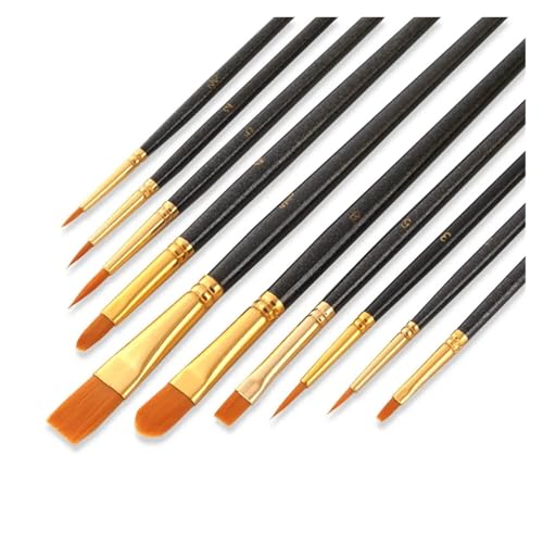 KXAOXGRC Nylonhaarpinsel Pinselset, 10 Teile/Satz Aquarell Gouache Pinsel Verschiedene Form Runde Spitze Spitze Nylon Haar Malerei Pinsel Set Künstlerbedarf Malpinsel(Black) von KXAOXGRC