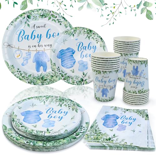 Babyparty Deko Junge Baby Shower Deko Baby Party Dekoration Junge für 20 Gäste 80 Stück Babyshowerparty Deko Junge Einweg Papier Teller Becher Servietten von KXVXXV