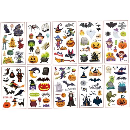 10 Blätter Halloween Temporäre Tattoos für Kindermädchen Kinder Kinder Tattoos Halloween Make -up Aufkleber wasserdichte gefälschte 3D -Tattoos Pass am Parcel Geschenke Kid Play Toy Accessoire von KYEQATY