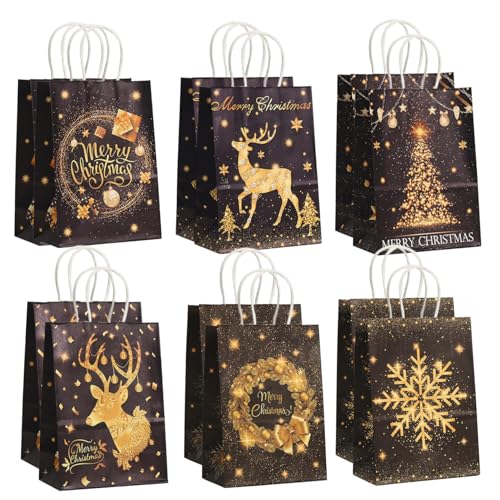 12pcs Weihnachtsgeschenkbeutel 6 Styles Papiertüten mit Griffen Schwarz Gold kleiner Papiergeschenktüten Massen für Weihnachtsverpackung Weihnachten Urlaubsgeschenke von KYEQATY