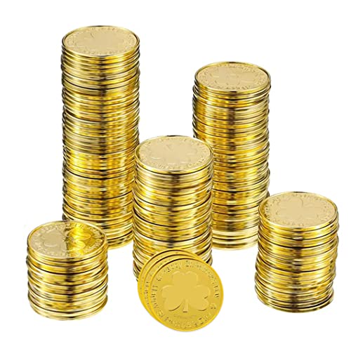 KYEQATY 100pcs St. Patricks Day Coin Gold Plastikschamrock Coin 3 -Blattmünze für Partyversorgung - Gold von KYEQATY