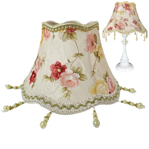 KYEQATY Lampenschirm für Tischlampe Randlampenschatten Blumen Vintage Lampenschatten mit Quastenperle 9,8 Zoll Victorian Lamp Shade Perlen Lampenschattenform Boho Style Randlampe für E27 von KYEQATY