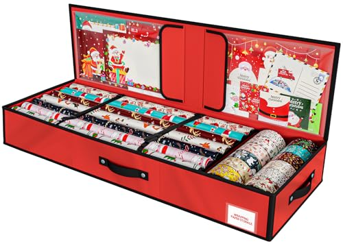 KYEVIS Geschenkpapier Aufbewahrung für Weihnachtsgeschenkpapier, Geschenkpapier Organizer mit Fächern für Schleifen, Anhänger, Schere und Bänder(ROT) von KYEVIS