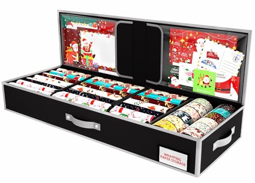 KYEVIS Geschenkpapier Aufbewahrung für Weihnachtsgeschenkpapier, Geschenkpapier Organizer mit Fächern für Schleifen, Anhänger, Schere und Bänder(Schwarz) von KYEVIS