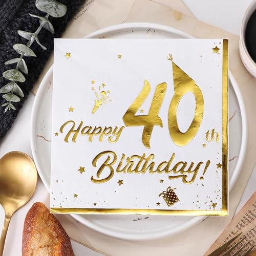 40 Stück Servietten "Happy 40th Birthday", weiße Folie, Gold, Geburtstag, Jahrestag, Tischdekoration, 40. Jahrestag, für Männer und Frauen, Geburtstagsparty-Dekoration, Servietten von KYHDZW