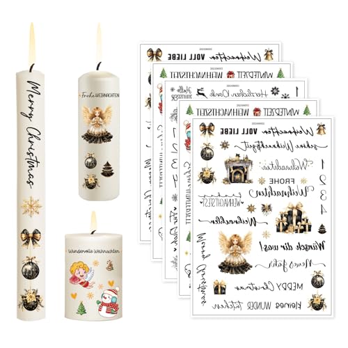 Schwarzgold-Engel Kerzentattoos Weihnachten set,Wasserschiebefolie Kerzen Tattoo Bunt,5 Stück Kerzensticker Kerzenfolie für Candles und Keramikbecher Geburtstag Weihnachten Dekoration (A) von KYOEOE