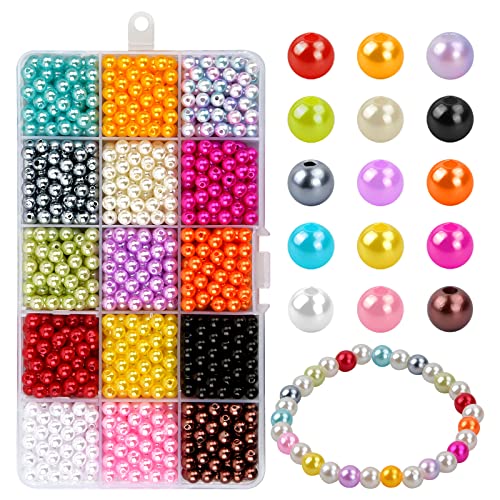 1500Stück Glasperlen, 15 Farben 6mm Perlen Runde Bunte Perlen Bastelperlen zum Auffädeln, Kunstperlen Gemischte Farbe Glass Beads für die Halskette Armbänder Herstellung von KYSUN