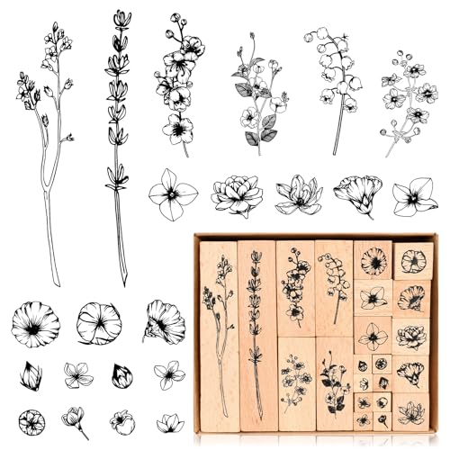 22 Stück Holzstempel Set, Vintage Holzstempel Blumen und Blätter Stempel, Pflanzen Blumen Gräser Holzstempel zum Basteln, Stempel Holz mit Naturpflanzen Mustern, für DIY Scrapbooks Tagebücher Crafts von KYSUN