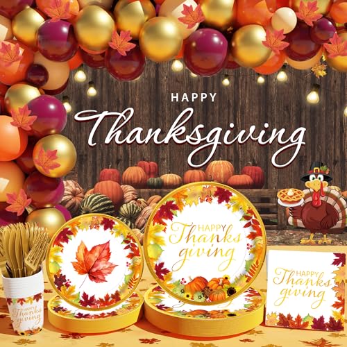 Thanksgiving-Party-Dekorationen, 312-teiliges Thanksgiving-Teller und Servietten-Set (25 Stück) mit Thanksgiving-Ballonbogen-Set, Thanksgiving-Hintergrund und Thanksgiving-Tischdecke für von KaKanParty