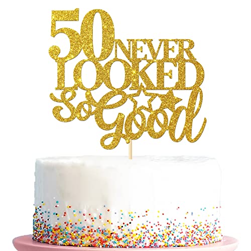 Kuchendekoration mit Aufschrift "Never Looked So Good", "Cheers to 50 Years" – Happy 50th Birthday Party Dekorationen, 50th Birthday Anniversary, Kuchendekoration, Geschenke, goldfarben von Kaakswa