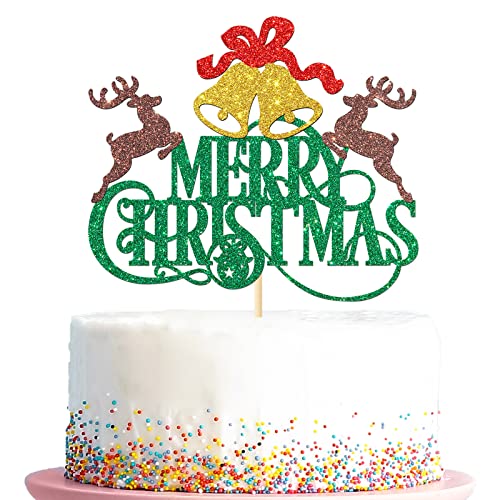 Merry Christmas Cake Topper, Rentier und Jingle Bell Schild Weihnachten Party Dekorationen, Happy New Year Festival Party Favors, Grün von Kaakswa