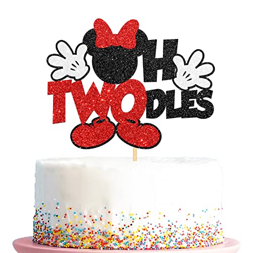 Oh Twodles Tortenaufsatz, Minnie Mouse Thema Happy 2nd Birthday Party Dekorationen, Jungen und Mädchen Zwei Jahre alte Party Kuchen Picks, Schwarz & Rot von Kaakswa