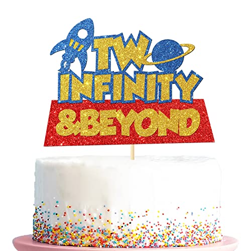 Two Infinity And Beyond Cake Topper, Outer Space Buzz Thema 2 Years Old Birthday Cake Picks for Boys Girls, Rocket Sign Galaxy Light Year Inspried Happy 2nd Birthday Party Supplies, Blau & Gold & Rot von Kaakswa