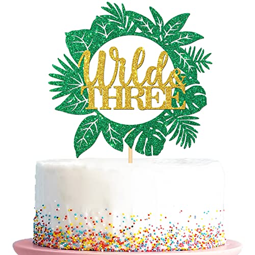 Wild Three Cake Topper, Safari Dschungel Thema für Baby Drei Jahre alt Geburtstag Party, Baby Shower Thema Party - Junge Wild und drei Zeichen Jungen Mädchen 3. Geburtstag Jubiläum Supplies, Grün von Kaakswa