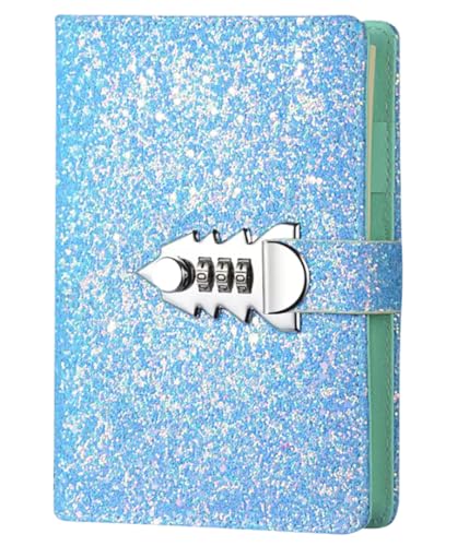 ﻿A6 Nachfüllbares Binder-Notizbuch PU-Leder Tagebuch Glitzer Notizblock mit Code-Schloss Stifthalter und Kartenfächern (Blau) von Kabelife