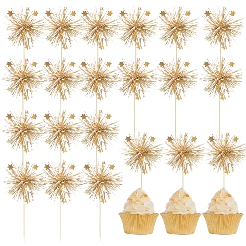 Kabwea 20 Stück Folien Feuerwerk Cupcake Topper, Happy Birthday Kuchendeckel, Glitzer Tinsel Blumen, Cupcake Topper, Tortendeko Junge, Dekorationen Gold von Kabwea