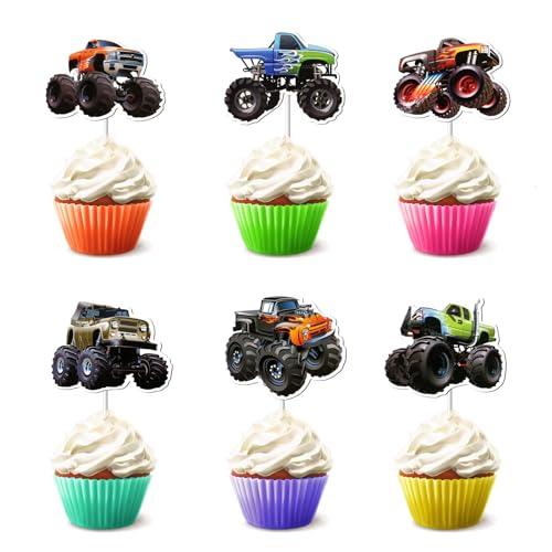 Kabwea 24 StüCk Monster Truck Geburtstags-Muffin-Dekorationen, Muffin Deko， Baustellenfahrzeuge Kinder，Tortendeko Kinder， Tortendeko Baustelle， Tortendeko Auto von Kabwea