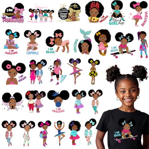 Cartoon Black Girl Bügelbilder, 30 Blatt DTF Transfers, bereit zum Drücken, Cartoon-Wärmetransfer-Aufkleber zum Aufbügeln für T-Shirts, Hoodie, DIY Handwerk von Kaciola