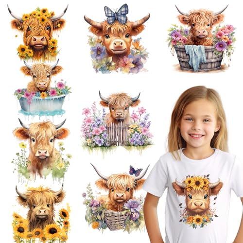 Highland Cow Bügelbilder, 9 Blatt DTF-Übertragungen, bereit zum Drücken, niedliche Kuh, Wärmetransfer-Aufkleber, Sonnenblumen-Aufkleber zum Aufbügeln, für T-Shirts, Kissen, Hoodie, DIY Handwerk von Kaciola