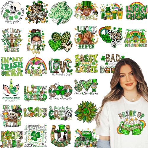 Kaciola 30 Blatt St. Patrick's Day Bügelbilder, Lucky Shamrock DTF Transfers Ready to Press Green Iron on Decals for T Shirts Hoodie DIY Crafts von Kaciola