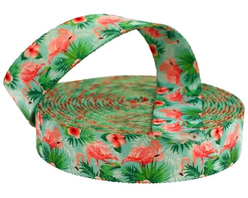 Kacperek - Gurtband Polyester - mit Aufdruck - Stark für DIY Abschleppseile und Gepäckgurt - Gewebeband - Gurtbänder für Taschen, Rucksack Band, Gürtel - 10m Lang - Breite 25mm - Flamingos von Kacperek