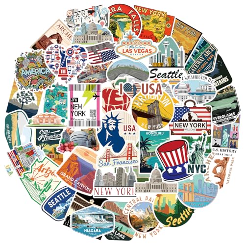 USA Sticker 50 Stück, Amerika Urlaub Reise Aufkleber für Scrapbooks Journale Fotoalben Laptop von Kaderas