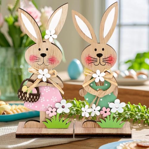 Osterhase Deko aus Holz, Ostern Hase Aufsteller, 3er Set Osterdeko Holz Hase zum Hinstellen, Kaninchen Frühlingsdeko Holzfiguren Ornamente für Ostern Tischdeko (2pcs) von Kaezuy