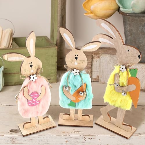 Osterhase Deko aus Holz, Ostern Hase Aufsteller, 3er Set Osterdeko Holz Hase zum Hinstellen, Kaninchen Frühlingsdeko Holzfiguren Ornamente für Ostern Tischdeko (3pcs*A) von Kaezuy